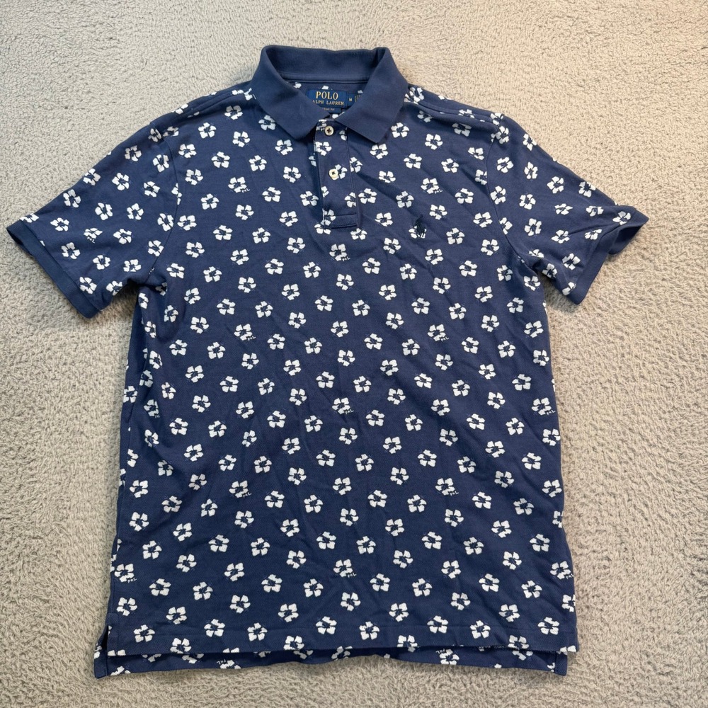 Polo Ralph Lauren Mens Medium Navy Blue Floral Hibiscus Classic Fit Polo Shirt